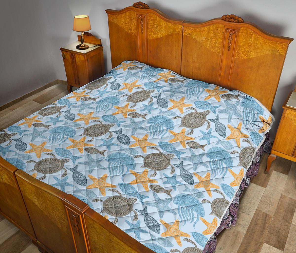 Polynesian Jellyfish Turtle Print Premium Quilt-JTAMIGO.COM