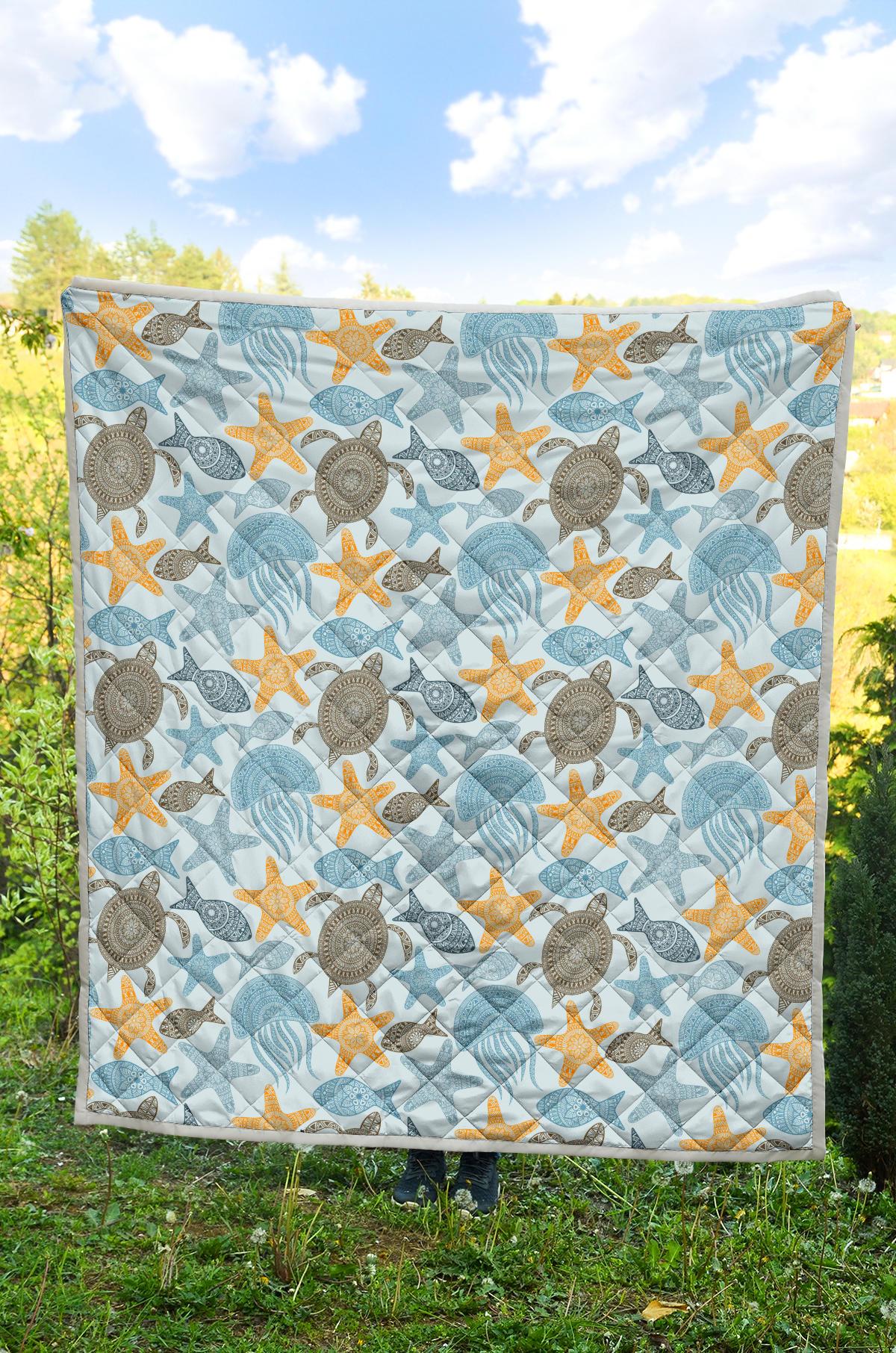 Polynesian Jellyfish Turtle Print Premium Quilt-JTAMIGO.COM