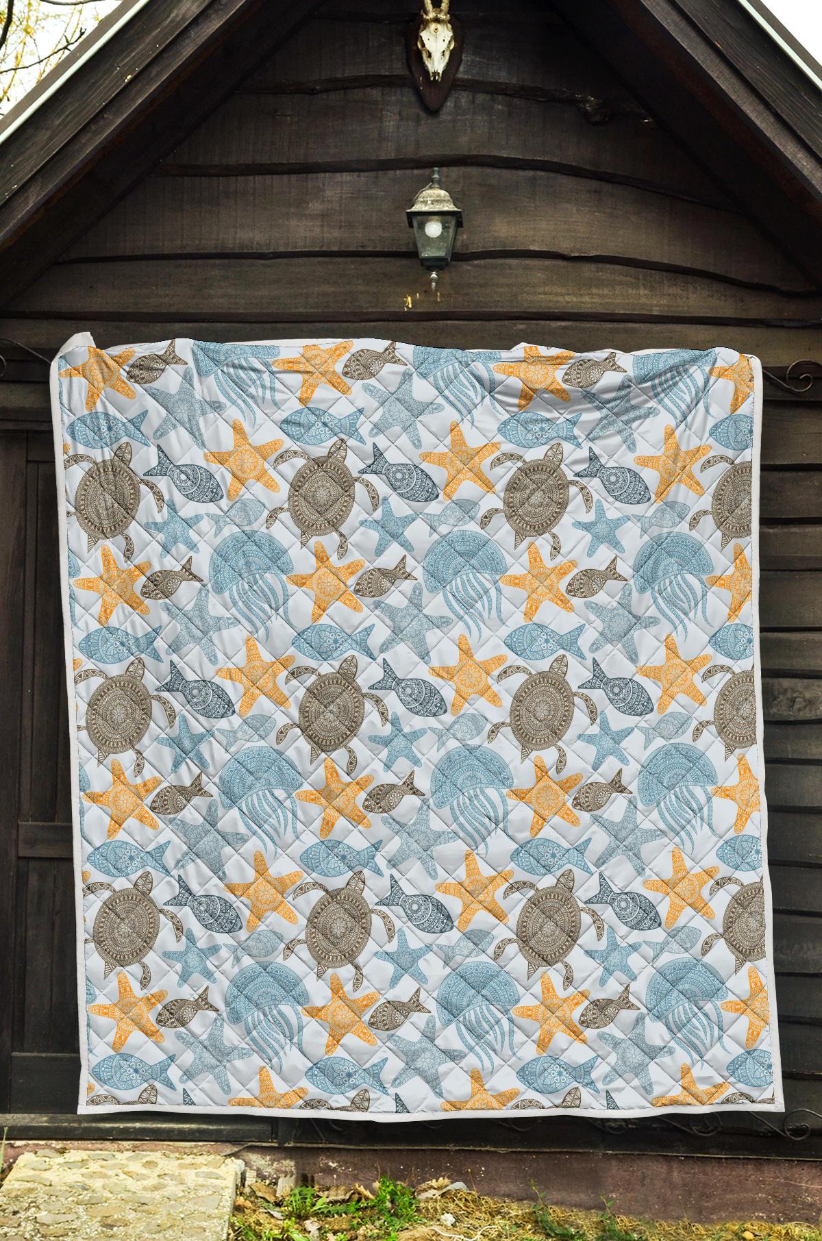 Polynesian Jellyfish Turtle Print Premium Quilt-JTAMIGO.COM