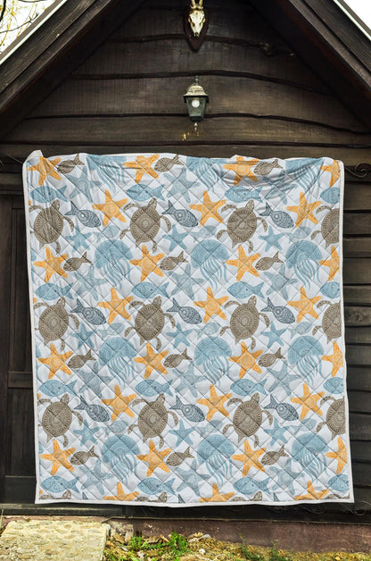 Polynesian Jellyfish Turtle Print Premium Quilt-JTAMIGO.COM