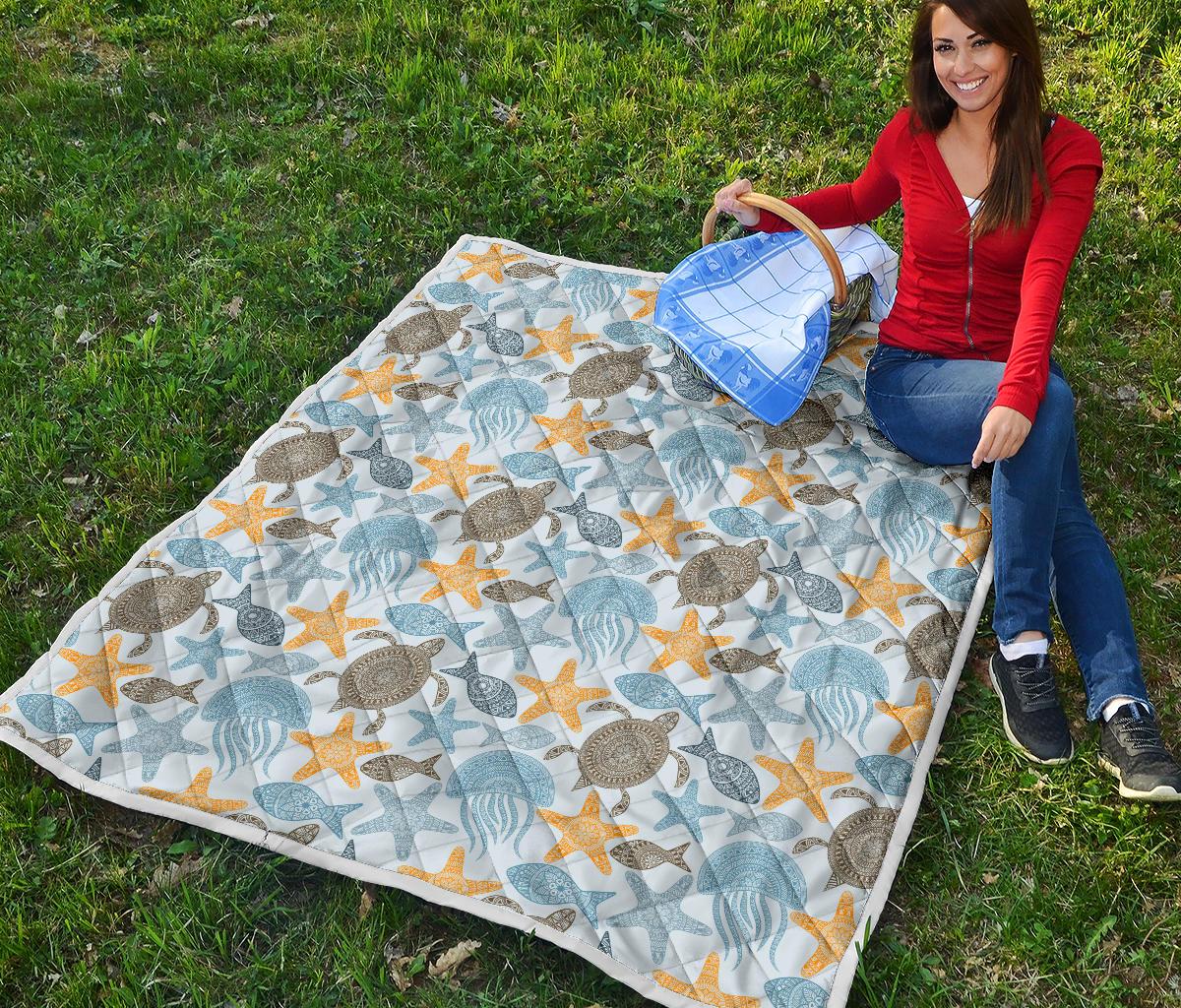 Polynesian Jellyfish Turtle Print Premium Quilt-JTAMIGO.COM