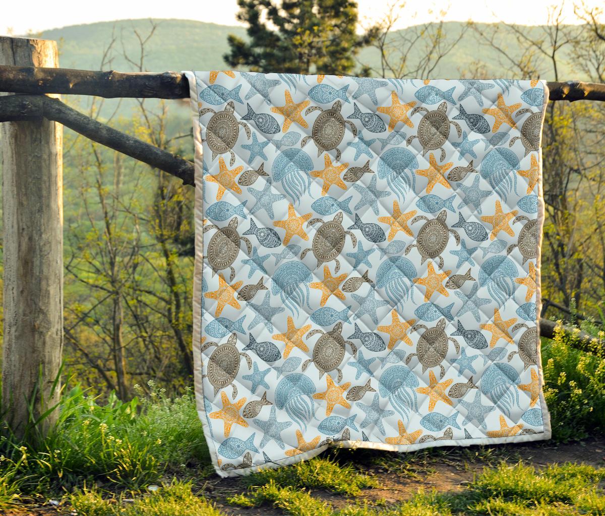 Polynesian Jellyfish Turtle Print Premium Quilt-JTAMIGO.COM