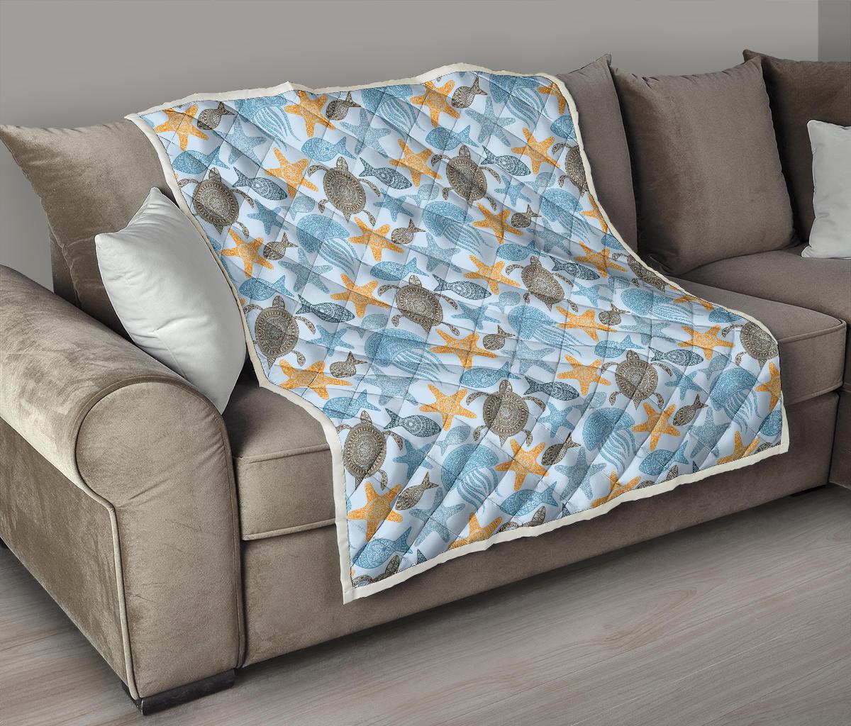 Polynesian Jellyfish Turtle Print Premium Quilt-JTAMIGO.COM