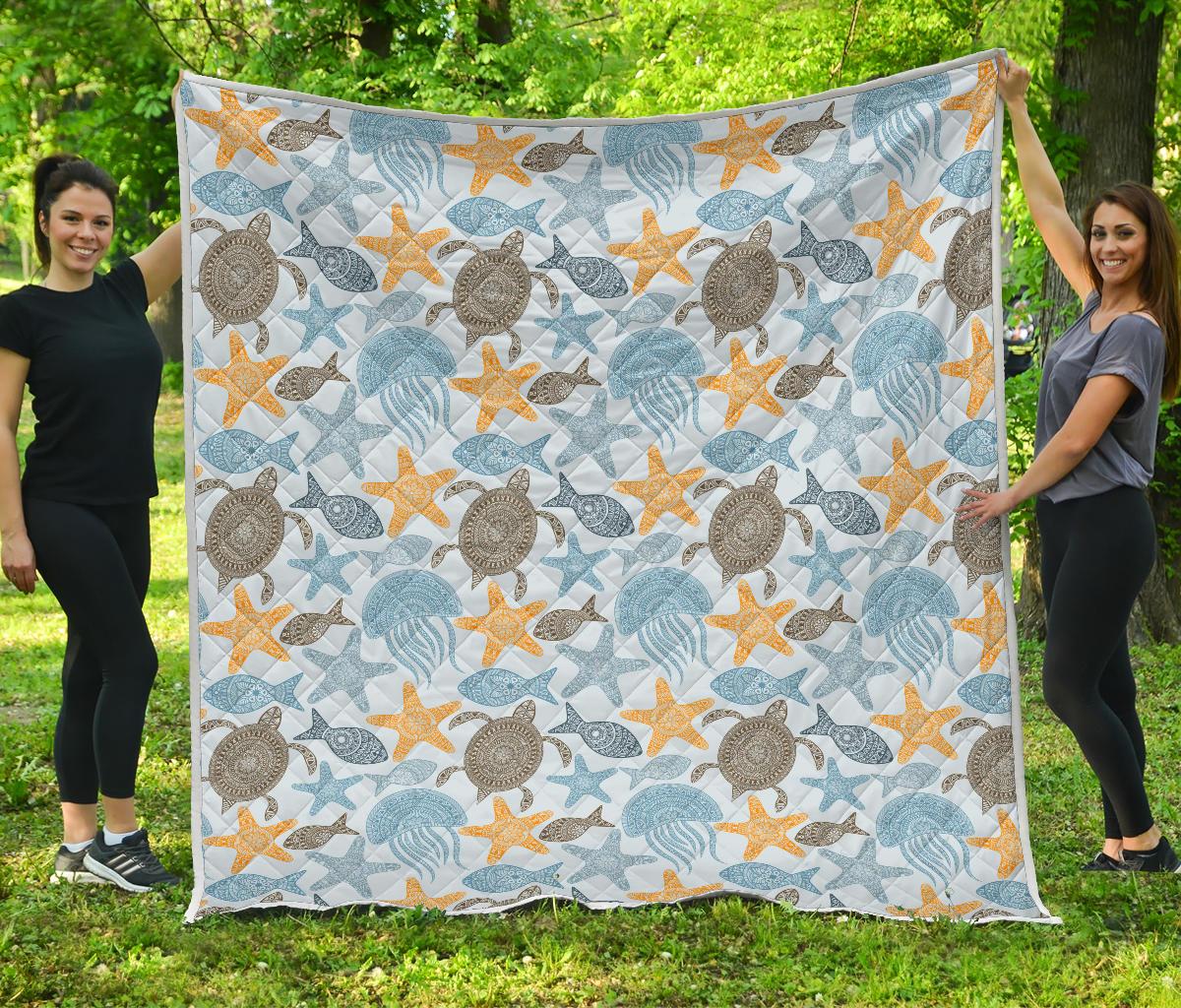 Polynesian Jellyfish Turtle Print Premium Quilt-JTAMIGO.COM