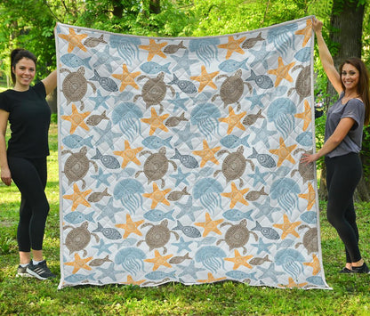 Polynesian Jellyfish Turtle Print Premium Quilt-JTAMIGO.COM