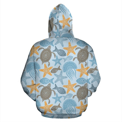Polynesian Jellyfish Turtle Print Pullover Hoodie