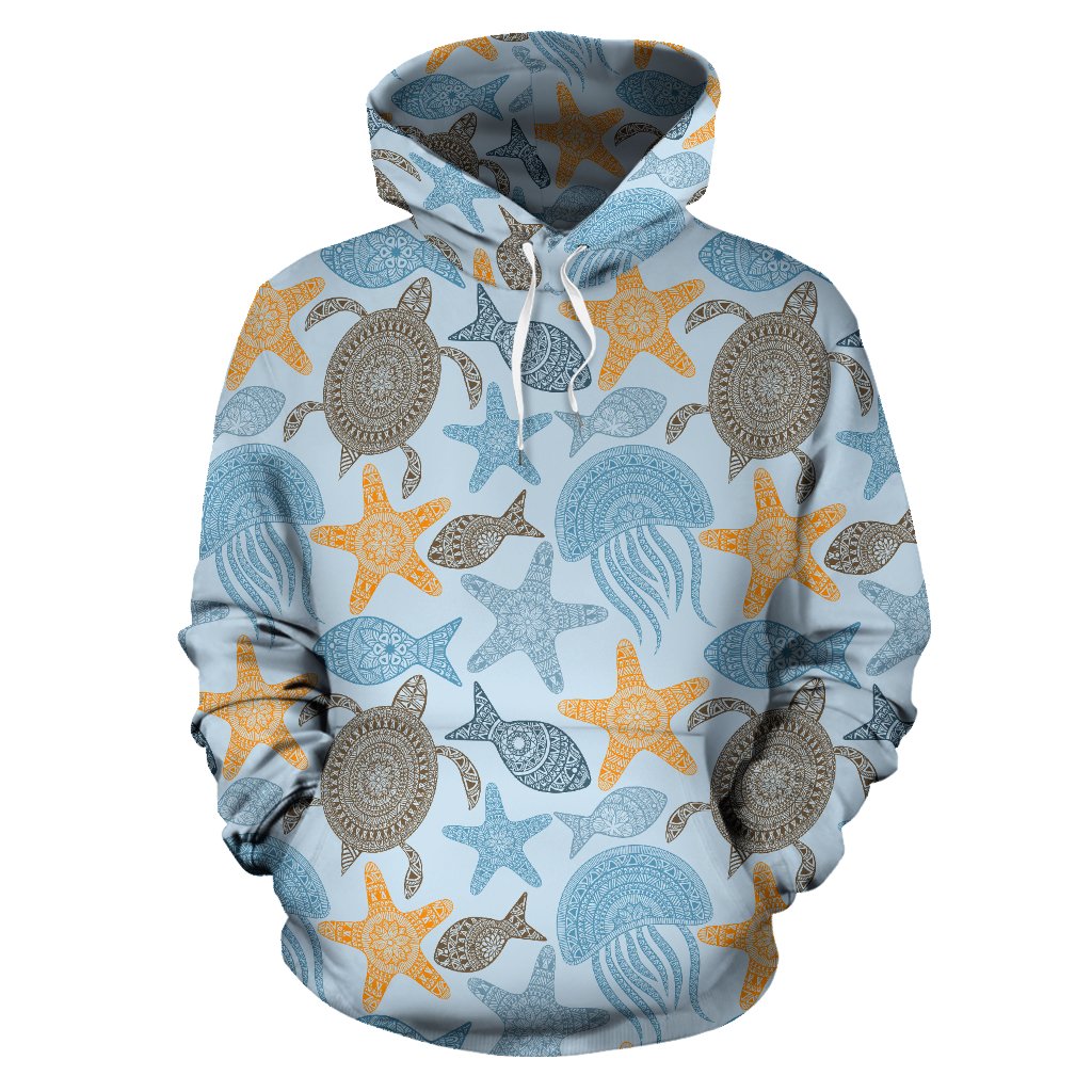 Polynesian Jellyfish Turtle Print Pullover Hoodie