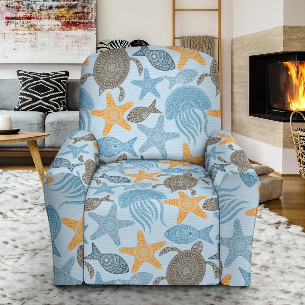 Polynesian Jellyfish Turtle Print Single Sofa Slipcover -JTAMIGO.COM