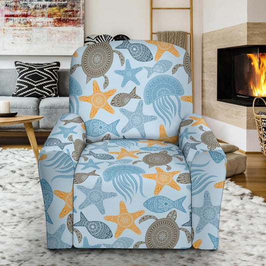 Polynesian Jellyfish Turtle Print Single Sofa Slipcover -JTAMIGO.COM