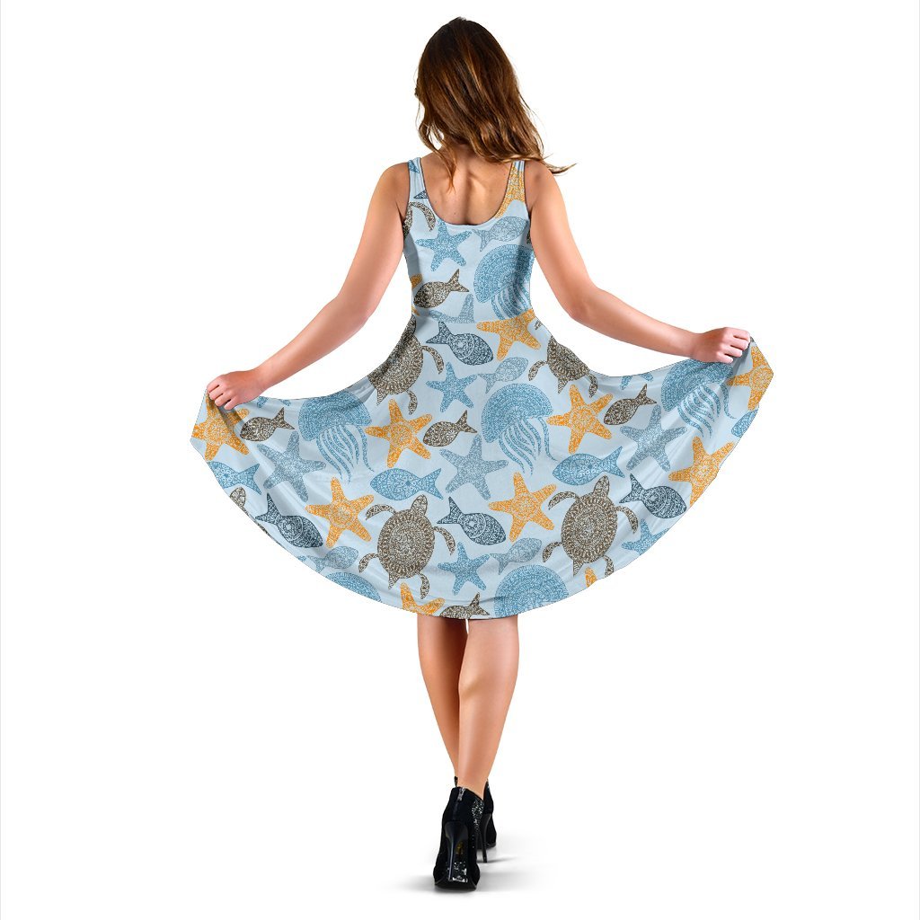 Polynesian Jellyfish Turtle Print Sleeveless Dress