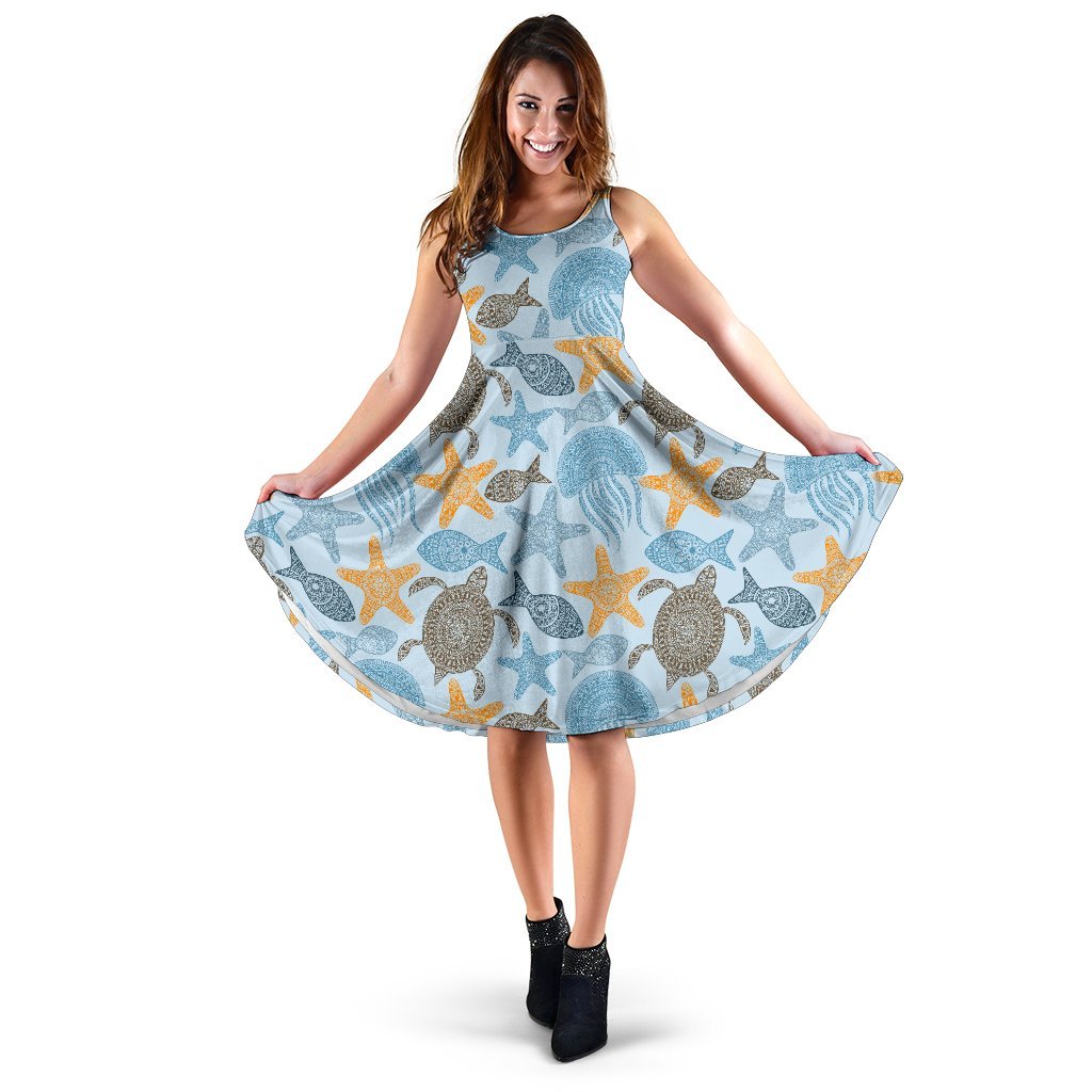 Polynesian Jellyfish Turtle Print Sleeveless Dress
