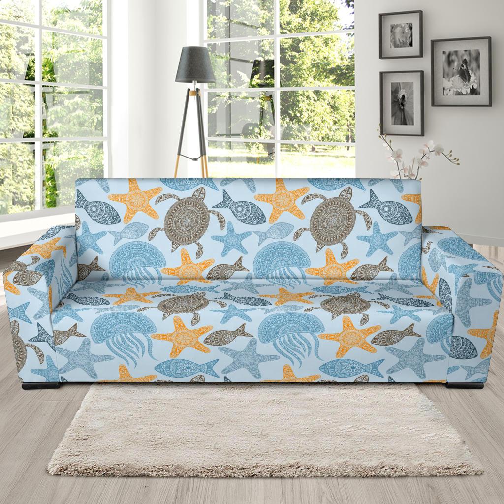 Polynesian Jellyfish Turtle Print Sofa Slipcover-JTAMIGO.COM
