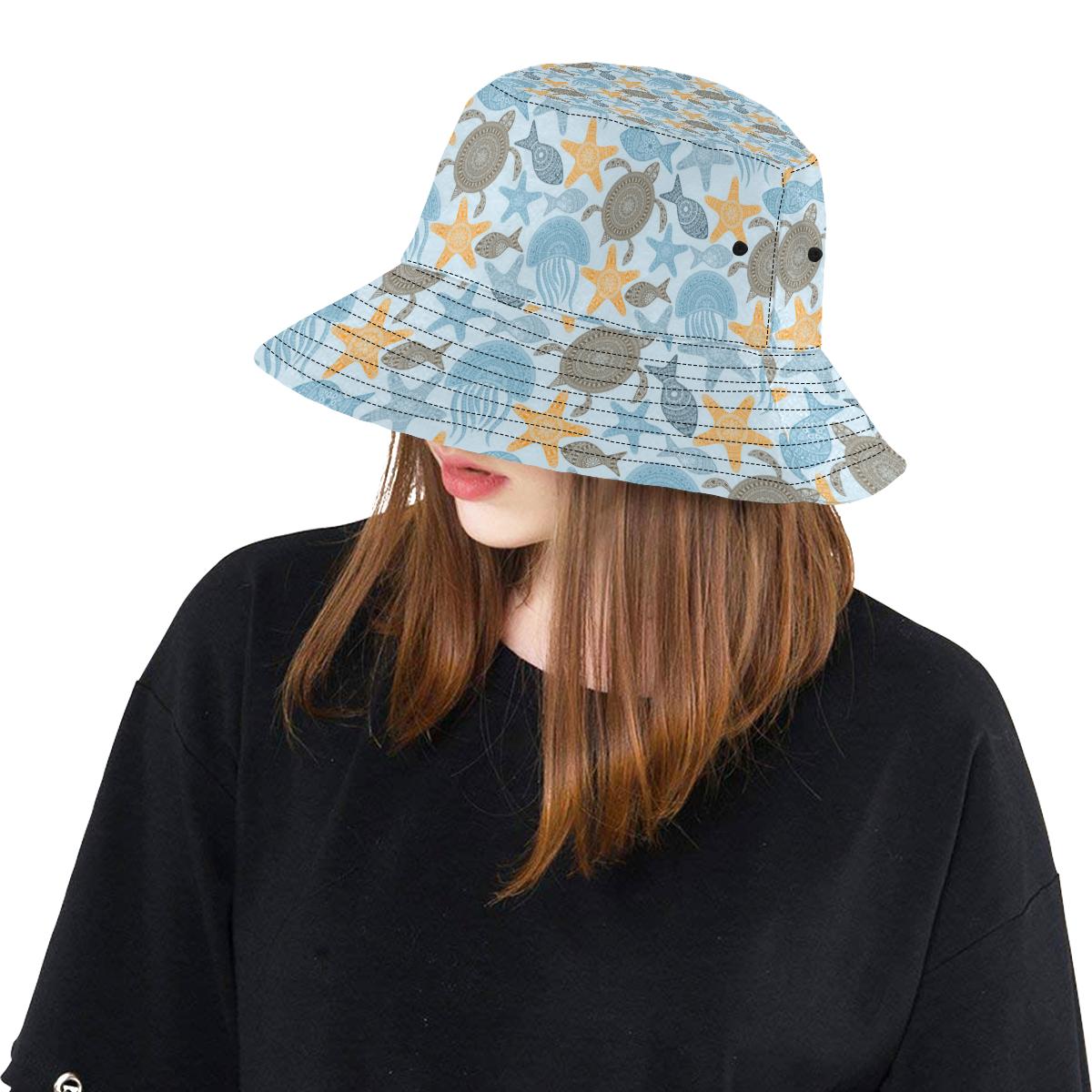Polynesian Jellyfish Turtle Print Unisex Bucket Hat