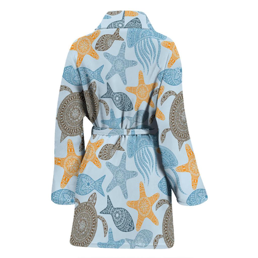 Polynesian Jellyfish Turtle Print Women Bath Robe-JTAMIGO.COM