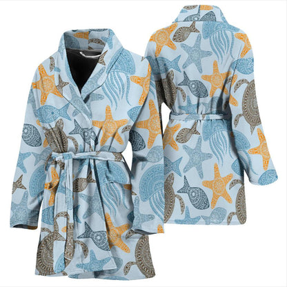 Polynesian Jellyfish Turtle Print Women Bath Robe-JTAMIGO.COM