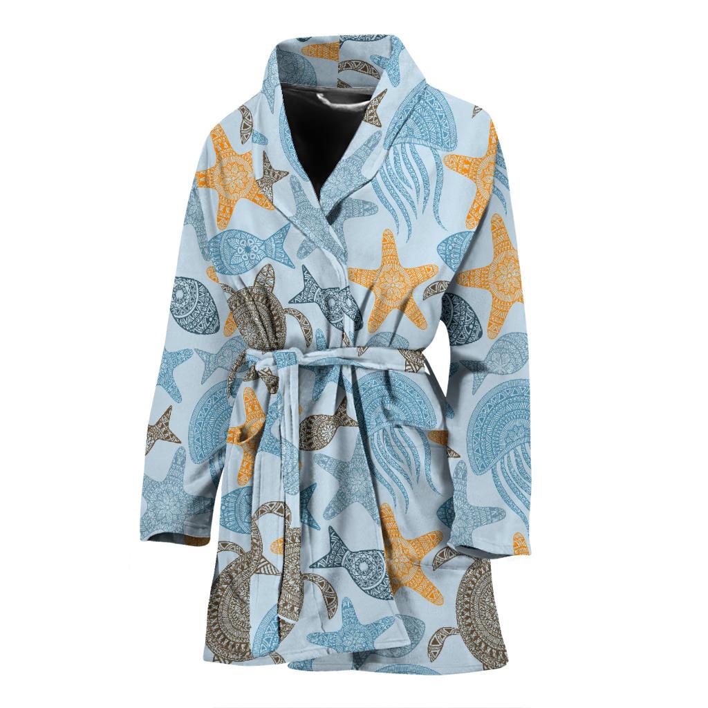 Polynesian Jellyfish Turtle Print Women Bath Robe-JTAMIGO.COM
