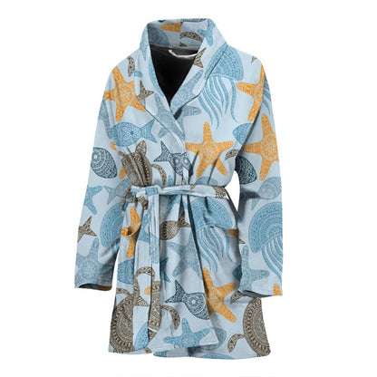 Polynesian Jellyfish Turtle Print Women Bath Robe-JTAMIGO.COM