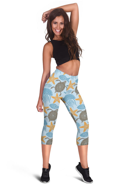 Polynesian Jellyfish Turtle Print Women Capris