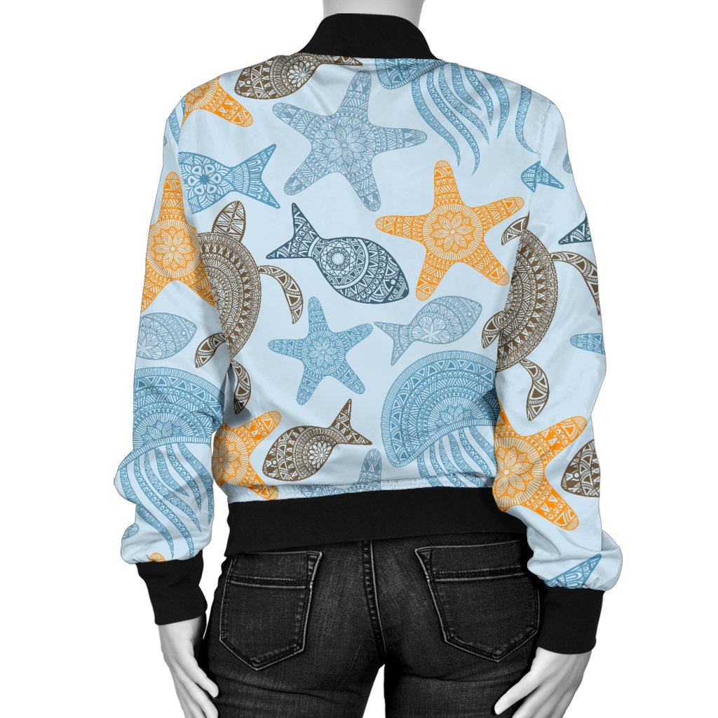 Polynesian Jellyfish Turtle Print Women Casual Bomber Jacket