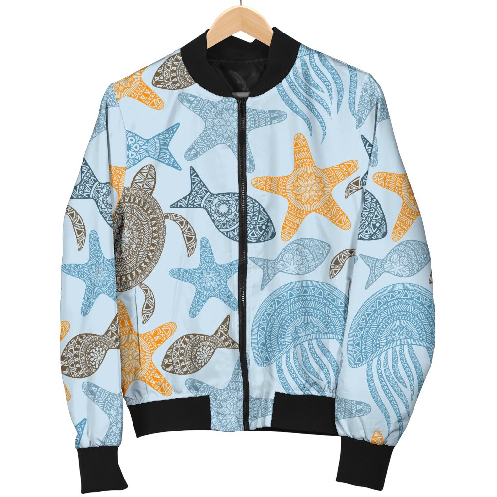 Polynesian Jellyfish Turtle Print Women Casual Bomber Jacket