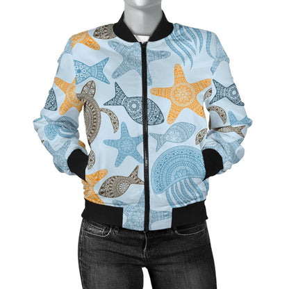 Polynesian Jellyfish Turtle Print Women Casual Bomber Jacket