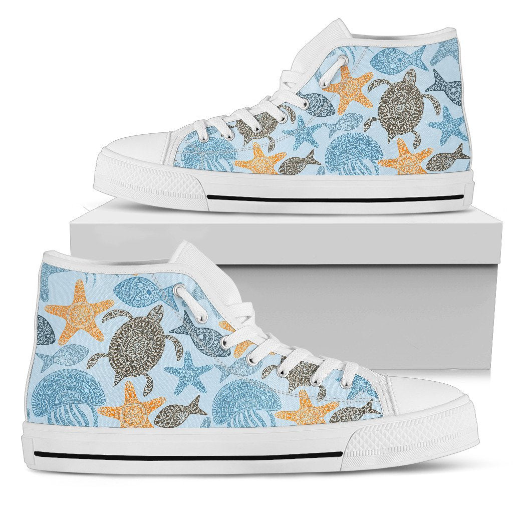 Polynesian Jellyfish Turtle Print Women High Top Shoes