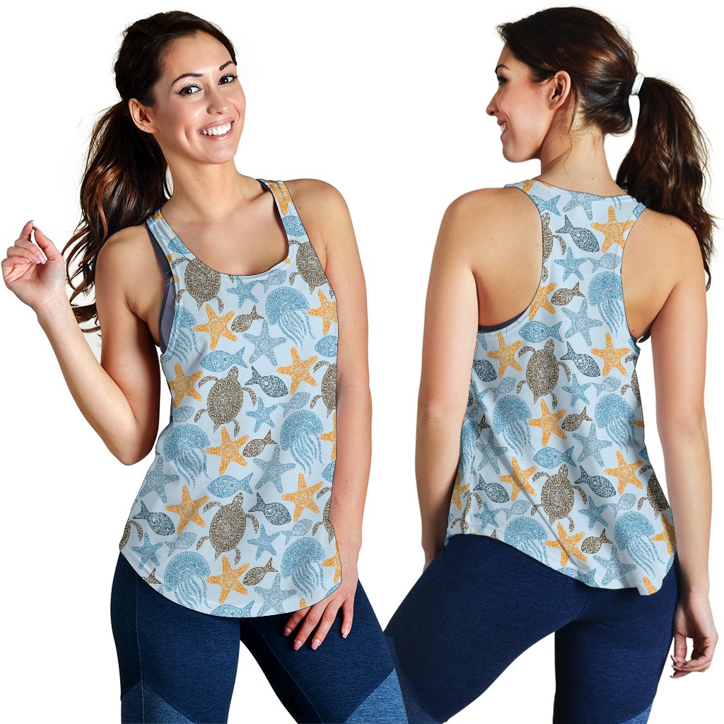 Polynesian Jellyfish Turtle Print Women Racerback Tank Top
