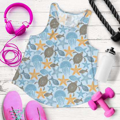 Polynesian Jellyfish Turtle Print Women Racerback Tank Top