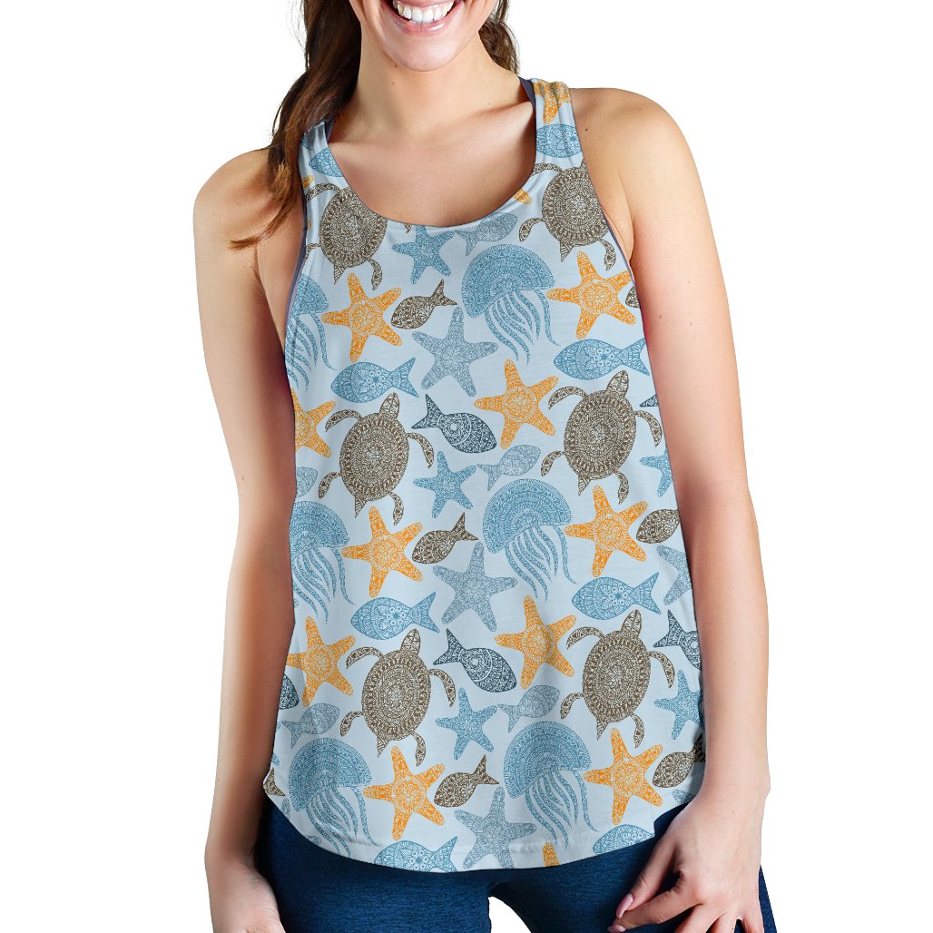 Polynesian Jellyfish Turtle Print Women Racerback Tank Top