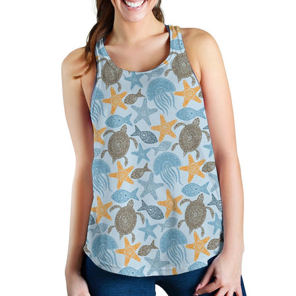 Polynesian Jellyfish Turtle Print Women Racerback Tank Top