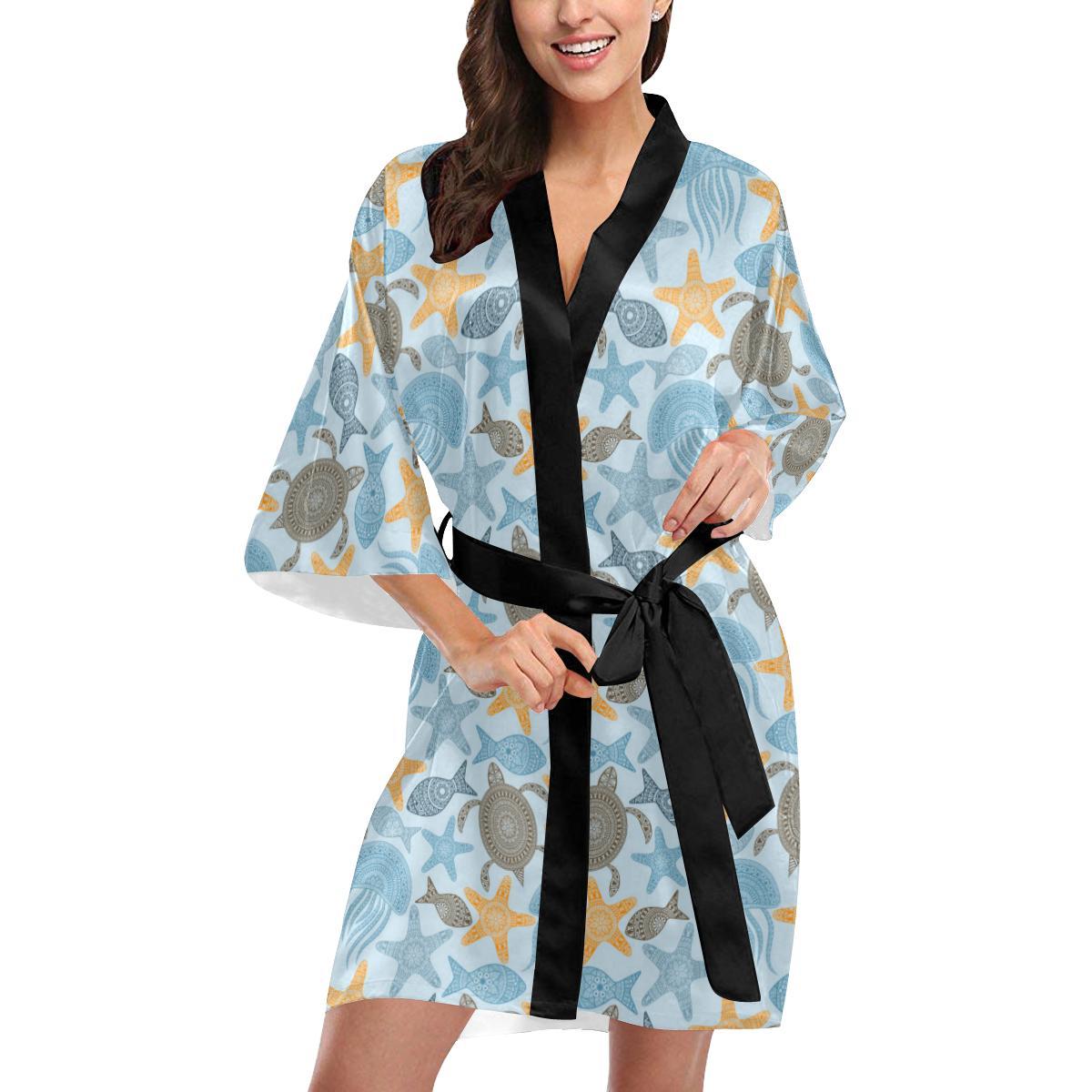 Polynesian Jellyfish Turtle Print Women Short Kimono Robe