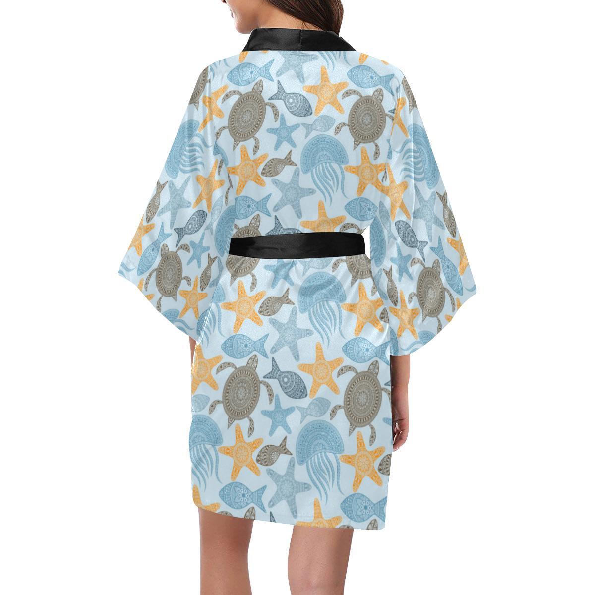Polynesian Jellyfish Turtle Print Women Short Kimono Robe