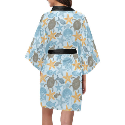 Polynesian Jellyfish Turtle Print Women Short Kimono Robe