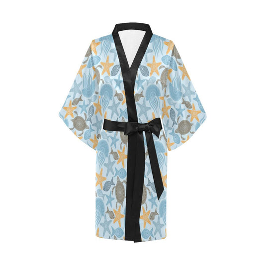 Polynesian Jellyfish Turtle Print Women Short Kimono Robe