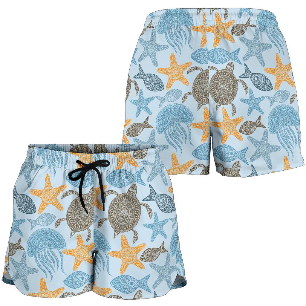 Polynesian Jellyfish Turtle Print Women Shorts-JTAMIGO.COM
