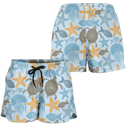 Polynesian Jellyfish Turtle Print Women Shorts-JTAMIGO.COM