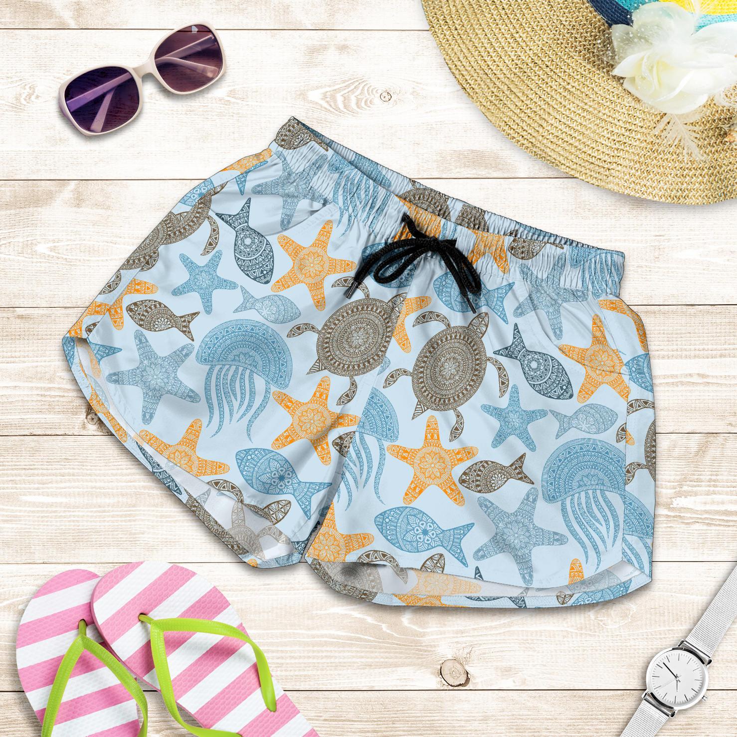 Polynesian Jellyfish Turtle Print Women Shorts-JTAMIGO.COM
