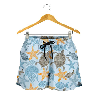 Polynesian Jellyfish Turtle Print Women Shorts-JTAMIGO.COM