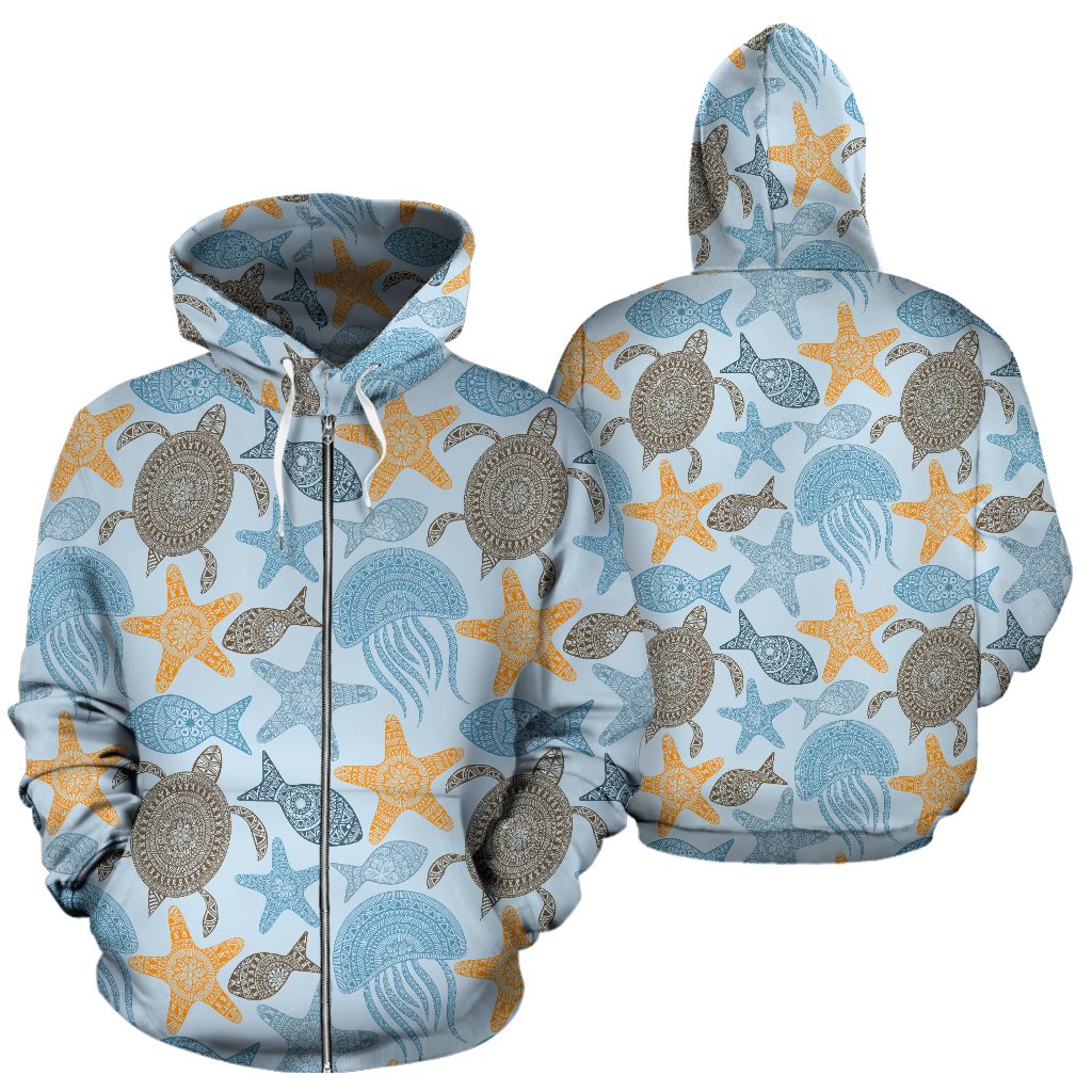 Polynesian Jellyfish Turtle Print Zip Up Hoodie