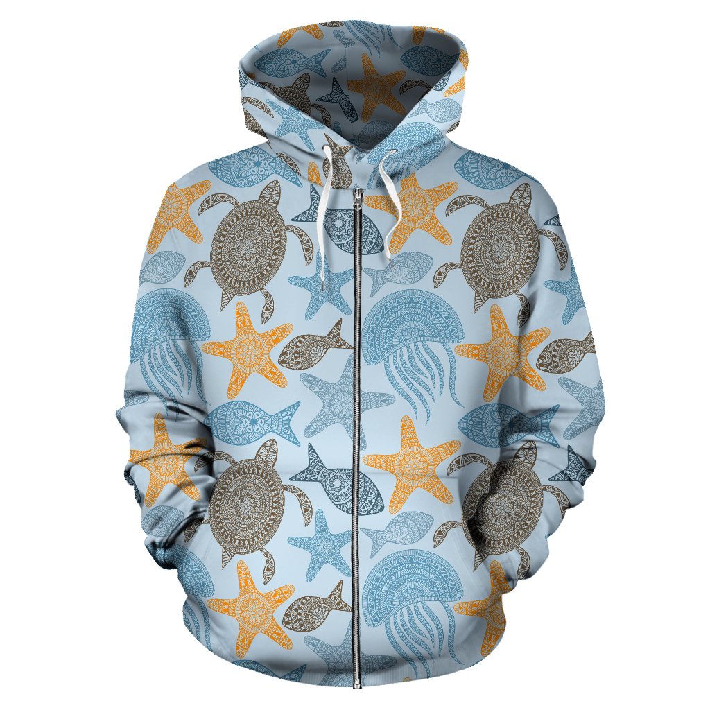 Polynesian Jellyfish Turtle Print Zip Up Hoodie