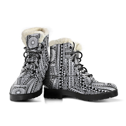 Polynesian Tattoo Design Faux Fur Leather Boots-JTAMIGO.COM