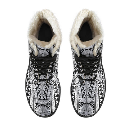 Polynesian Tattoo Design Faux Fur Leather Boots-JTAMIGO.COM