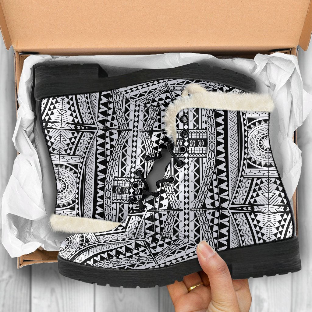 Polynesian Tattoo Design Faux Fur Leather Boots-JTAMIGO.COM