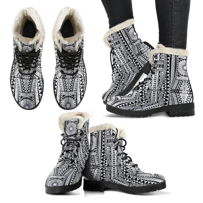 Polynesian Tattoo Design Faux Fur Leather Boots-JTAMIGO.COM
