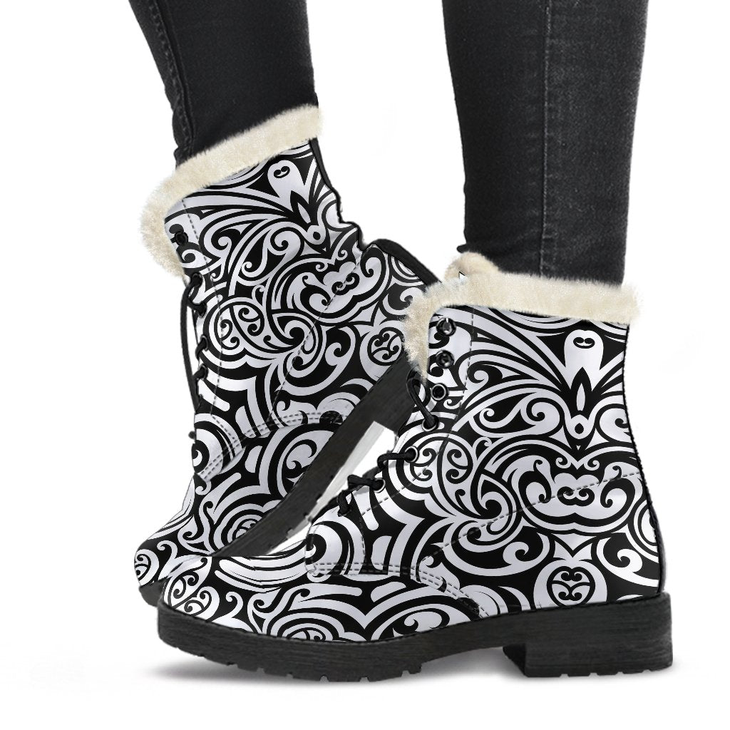 Polynesian Tattoo Pattern Faux Fur Leather Boots-JTAMIGO.COM