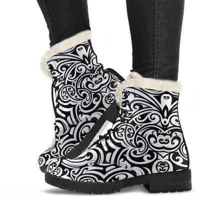 Polynesian Tattoo Pattern Faux Fur Leather Boots-JTAMIGO.COM
