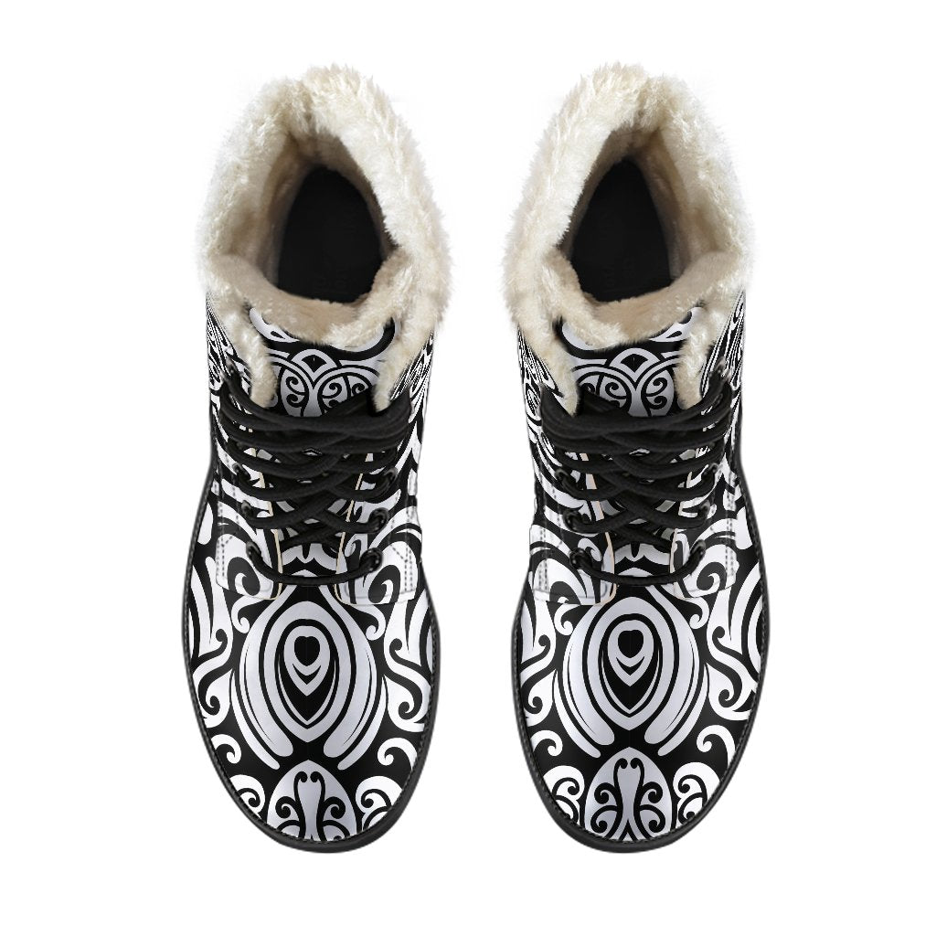 Polynesian Tattoo Pattern Faux Fur Leather Boots-JTAMIGO.COM