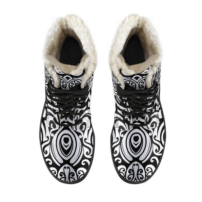 Polynesian Tattoo Pattern Faux Fur Leather Boots-JTAMIGO.COM