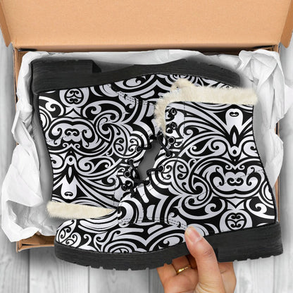 Polynesian Tattoo Pattern Faux Fur Leather Boots-JTAMIGO.COM