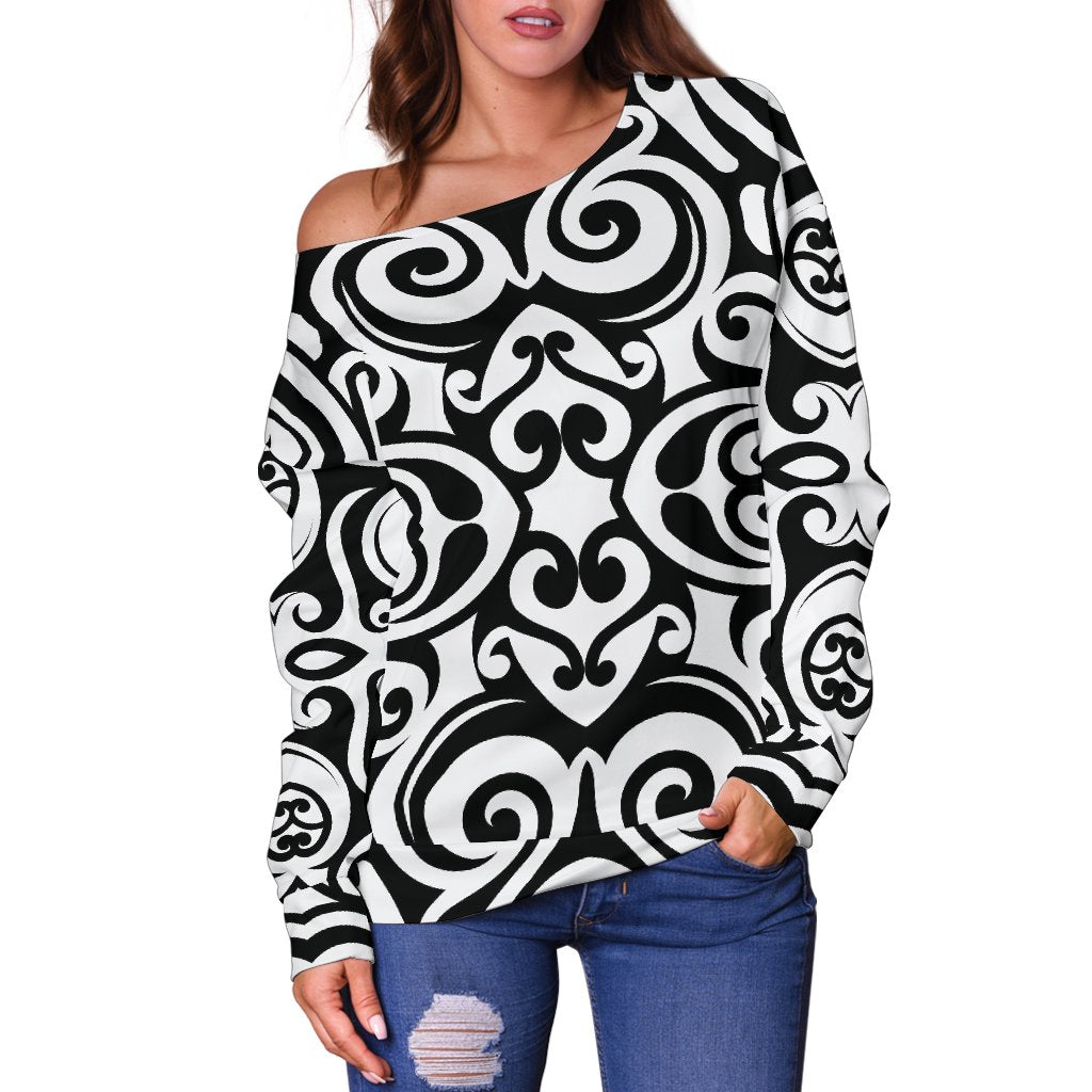 Polynesian Tattoo Pattern Off Shoulder Sweatshirt